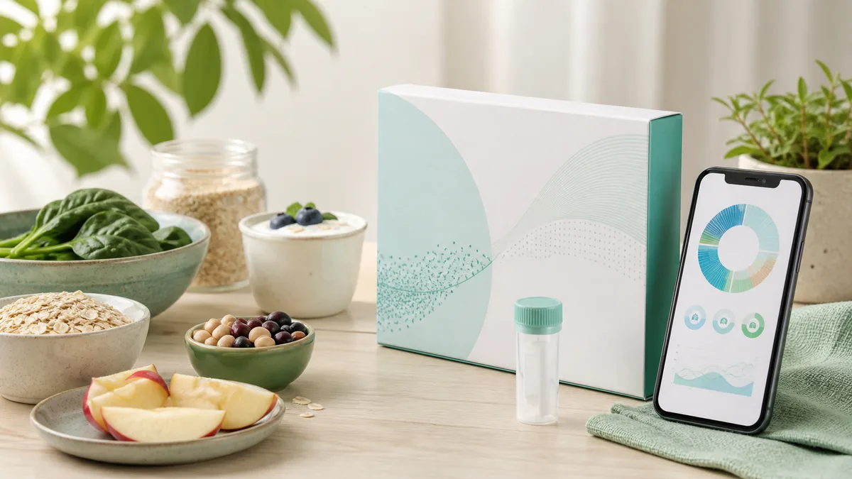 腸活に関係する食品と自宅検査キット、スマートフォンの結果画面を並べたイメージ